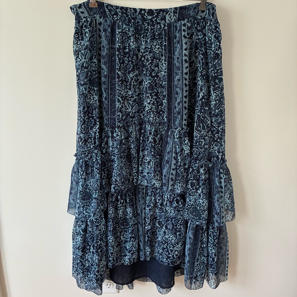 Lucky Brand Navy and Light Blue Floral Tiered High-Low Skirt